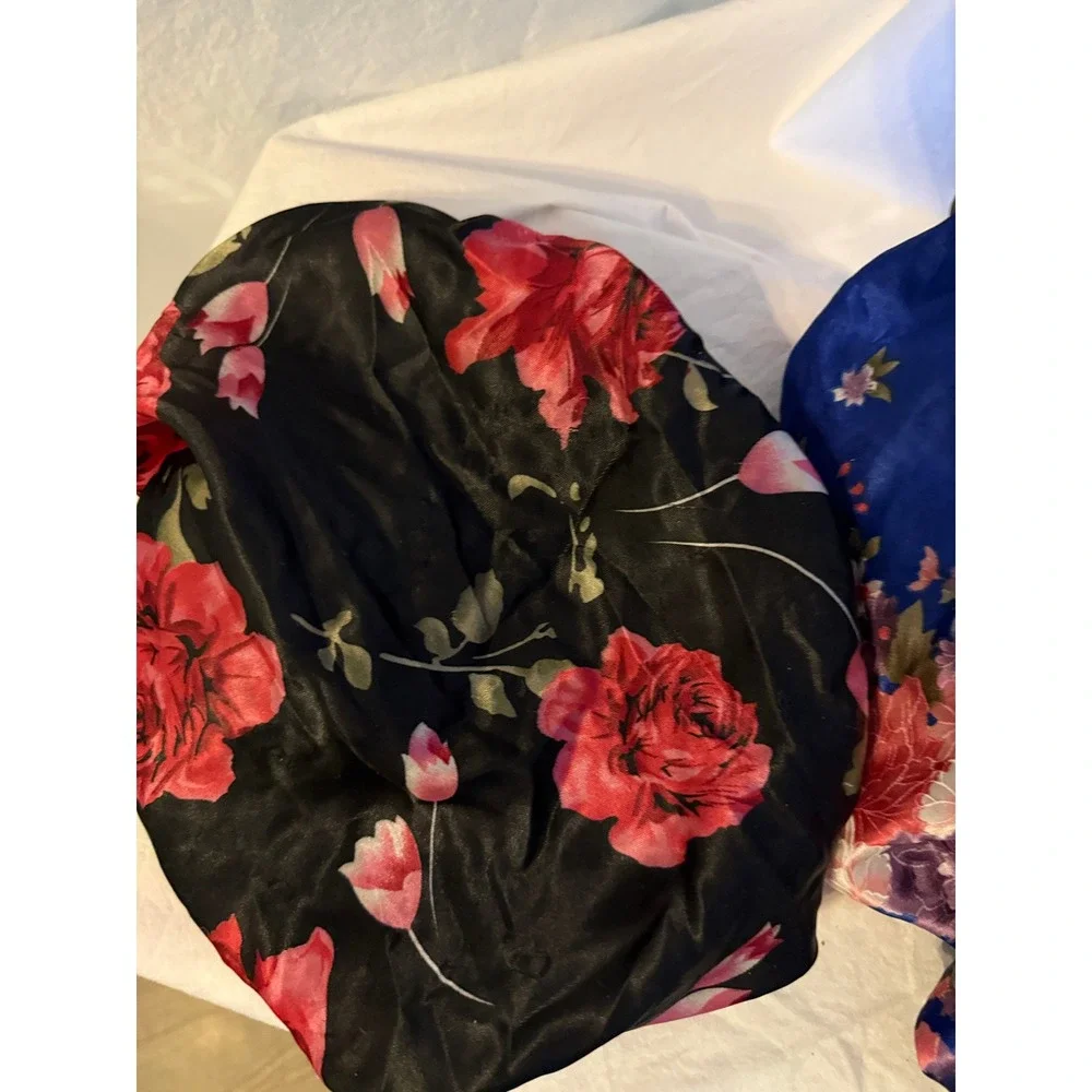 Set of 2 Floral Satin Hair Bonnets Black Red Rose‎ and Blue Blossom Sleep Cap